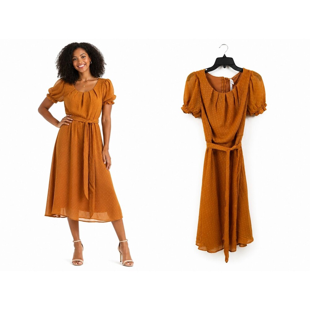 NY Collection Midi DressSizePM  Petite Medium Burnt Orange Polka Dot Puff Sleeve